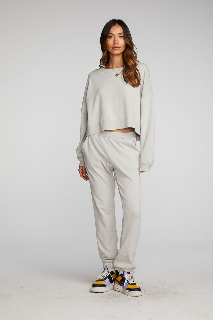 Cotton Fleece Crewneck Pullover with Rib Womens chaserbrand