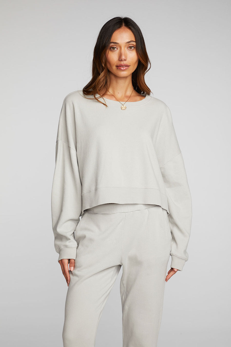 Cotton Fleece Crewneck Pullover with Rib Womens chaserbrand