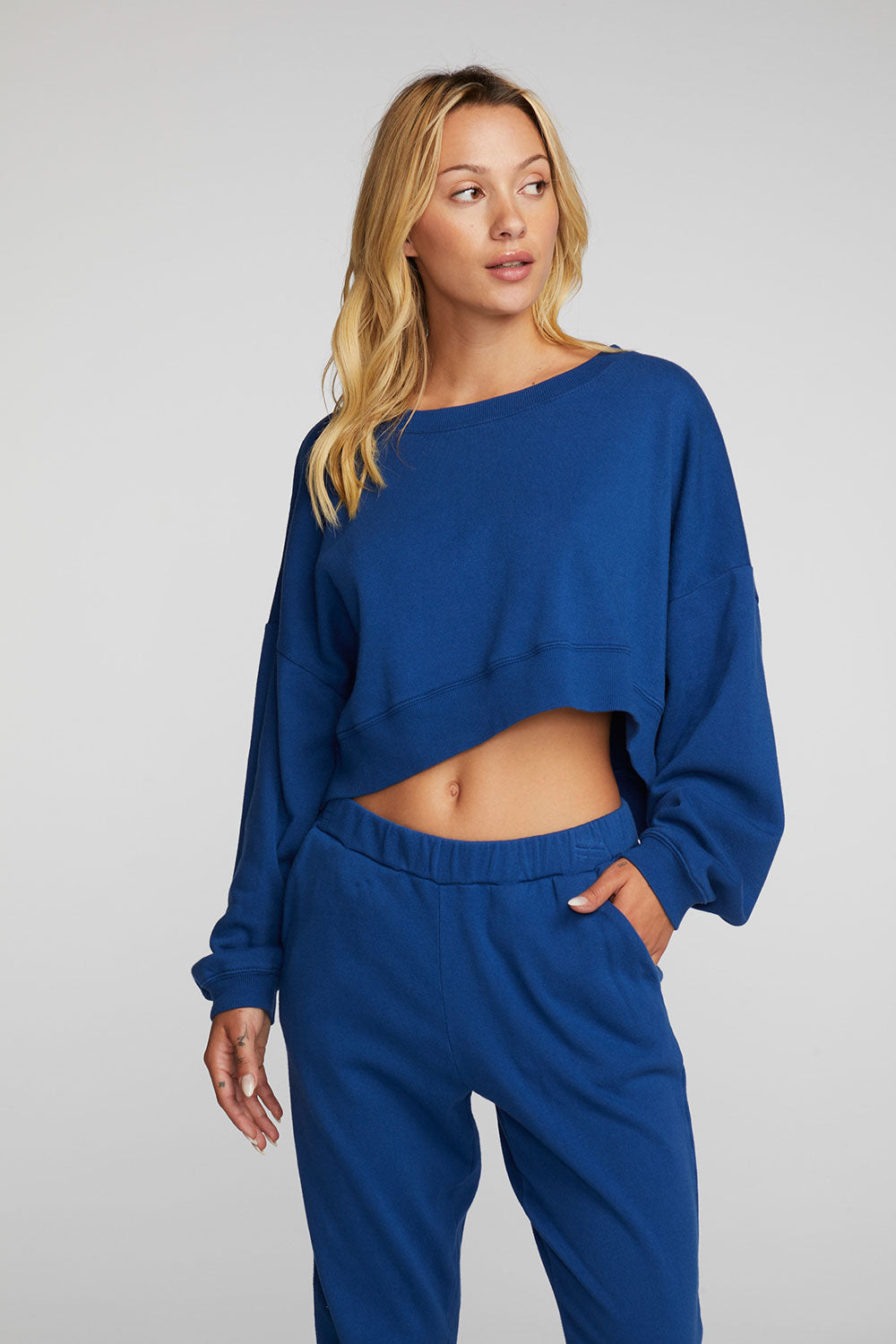 Cotton Fleece Crewneck Pullover with Rib Womens chaserbrand