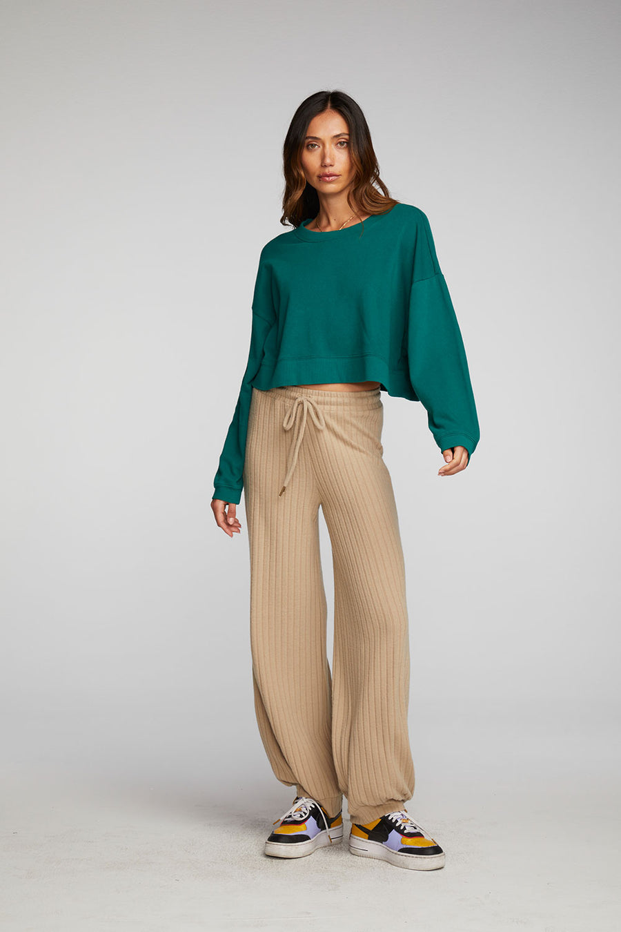 Cotton Fleece Cropped Crewneck Pullover with Rib Womens chaserbrand