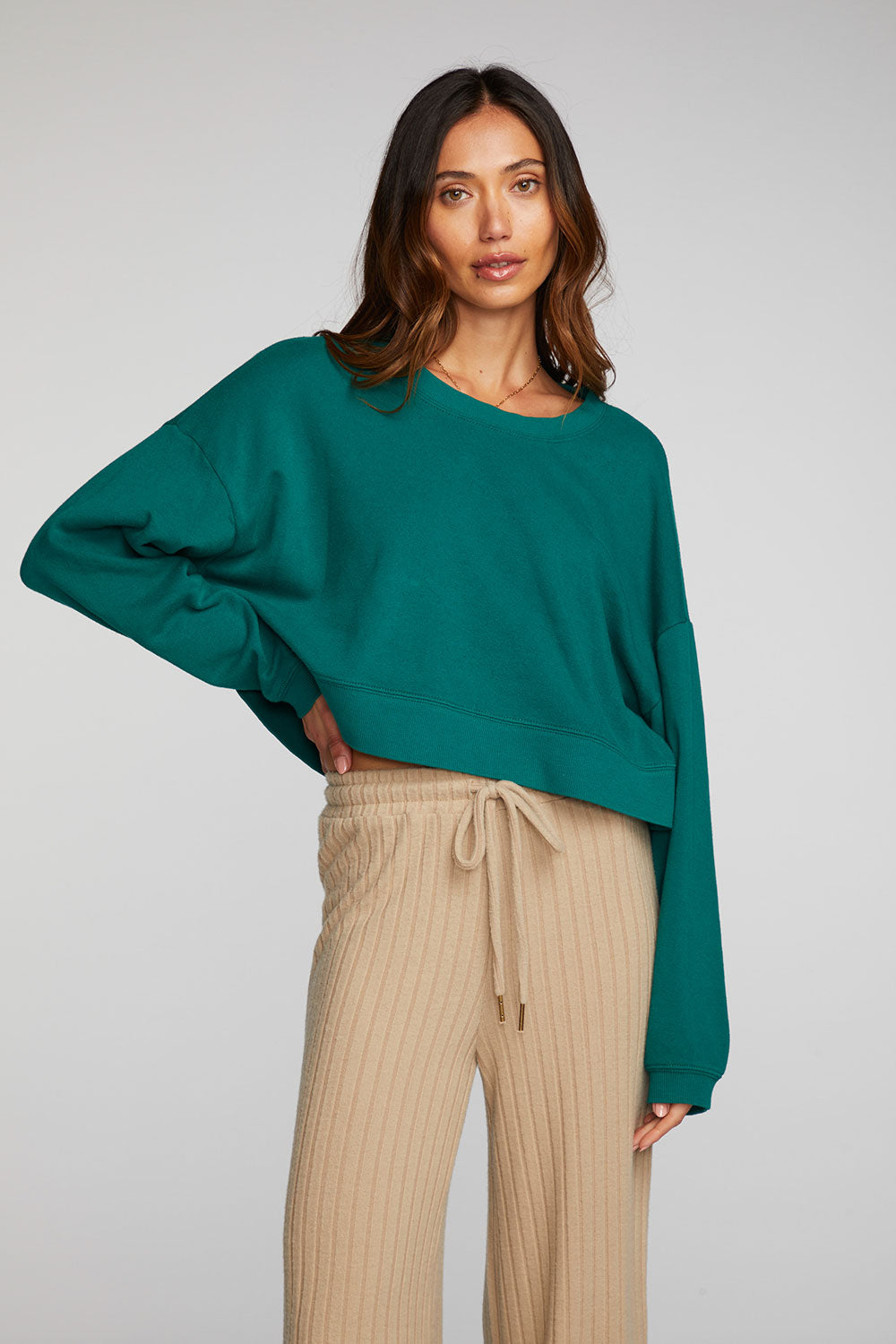 Cotton Fleece Cropped Crewneck Pullover with Rib Womens chaserbrand