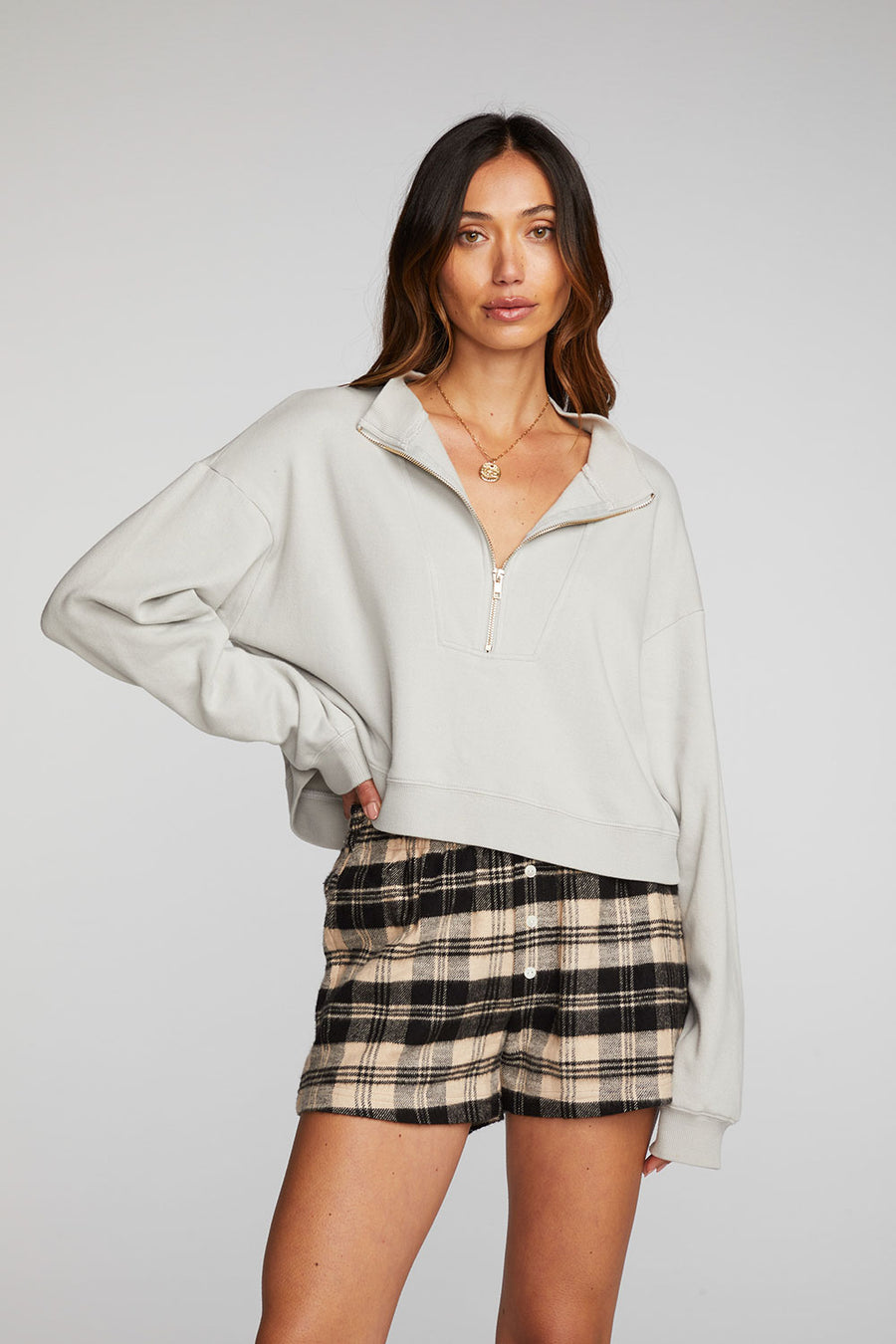 Cotton Fleece Half Zip Up Pullover with Rib Womens chaserbrand