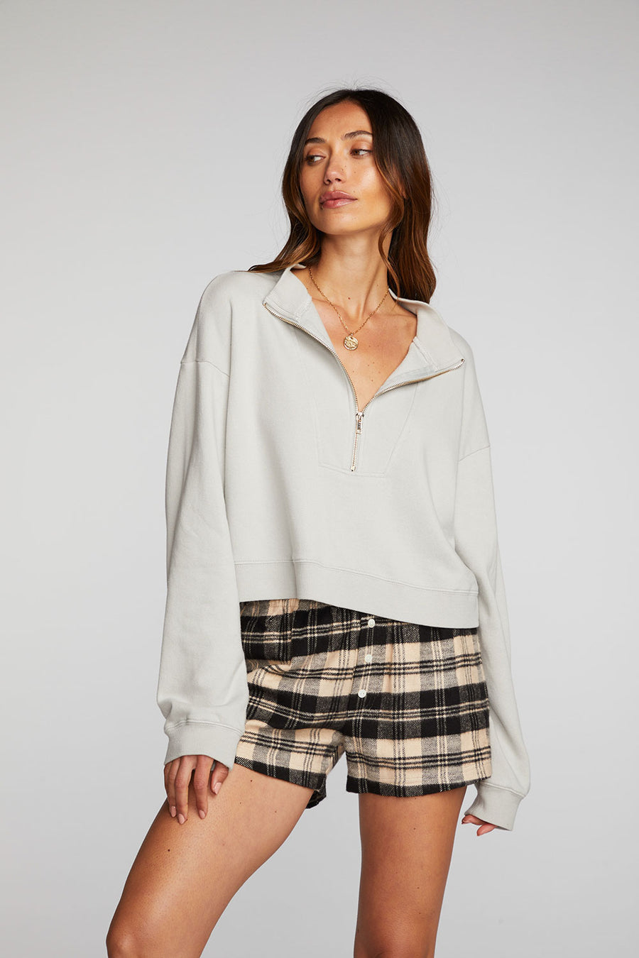 Cotton Fleece Half Zip Up Pullover with Rib Womens chaserbrand