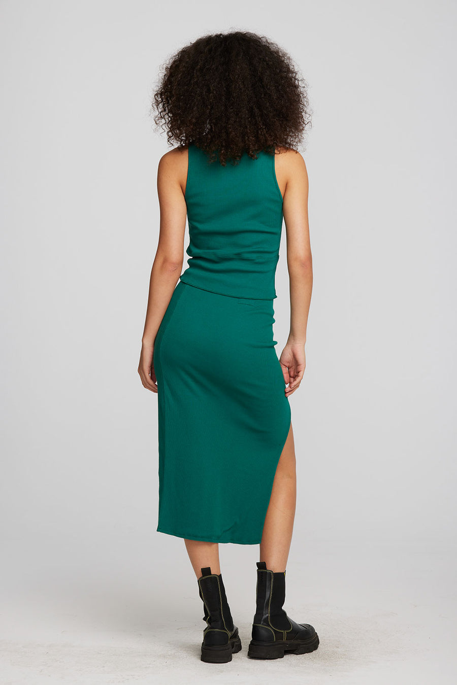 Recycled Vintage Rib Midi Skirt with Shirring and Side Slit Womens chaserbrand