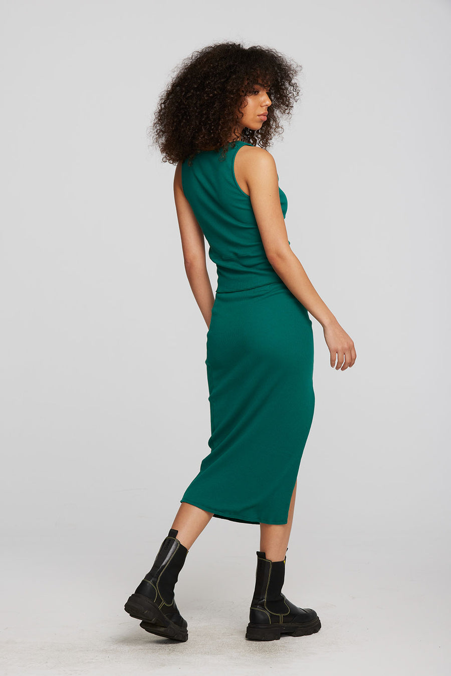 Recycled Vintage Rib Midi Skirt with Shirring and Side Slit Womens chaserbrand