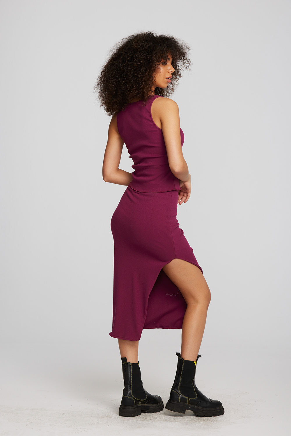 Recycled Vintage Rib Midi Skirt with Shirring and Side Slit Womens chaserbrand