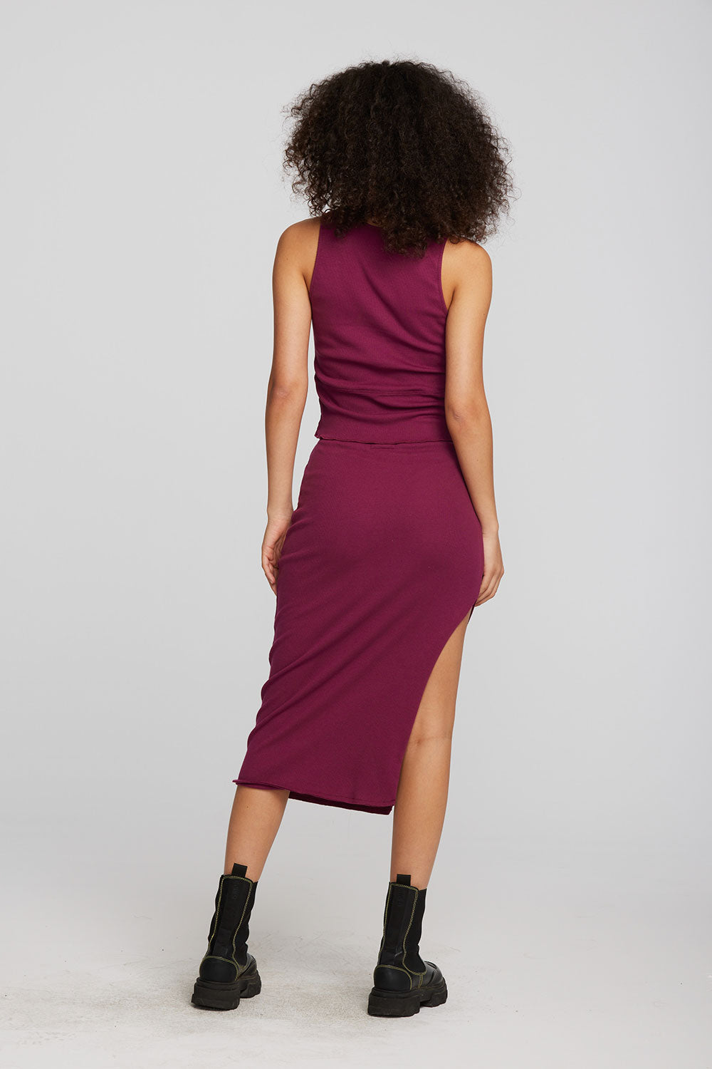 Recycled Vintage Rib Midi Skirt with Shirring and Side Slit Womens chaserbrand