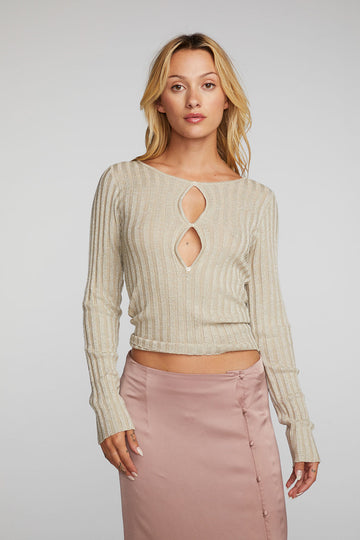 Lurex Rib Knit Long Sleeve Top with Open Keyhole Womens chaserbrand