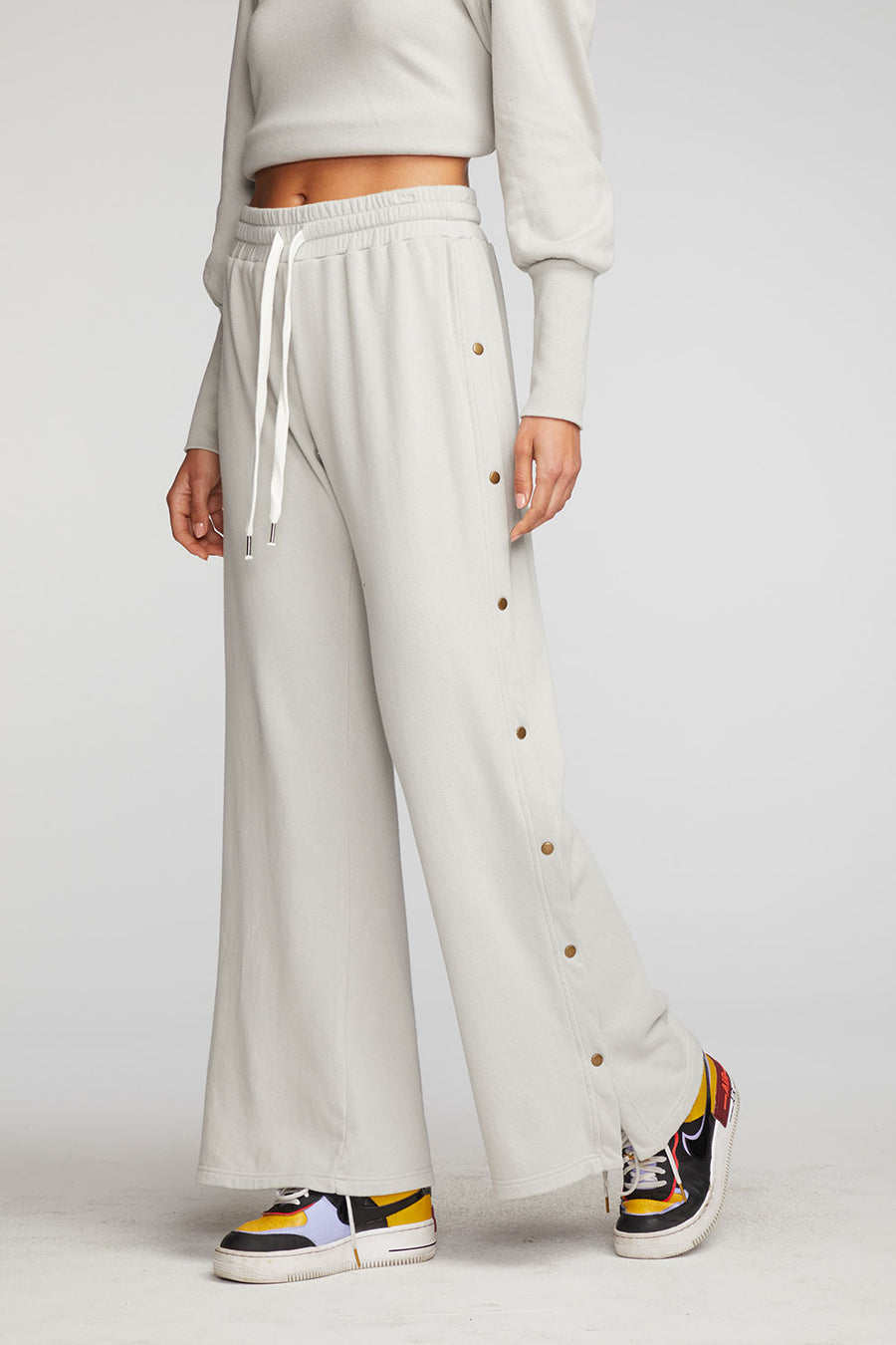 Cotton Fleece Wide Leg Joggers with Button Sideseam Womens chaserbrand