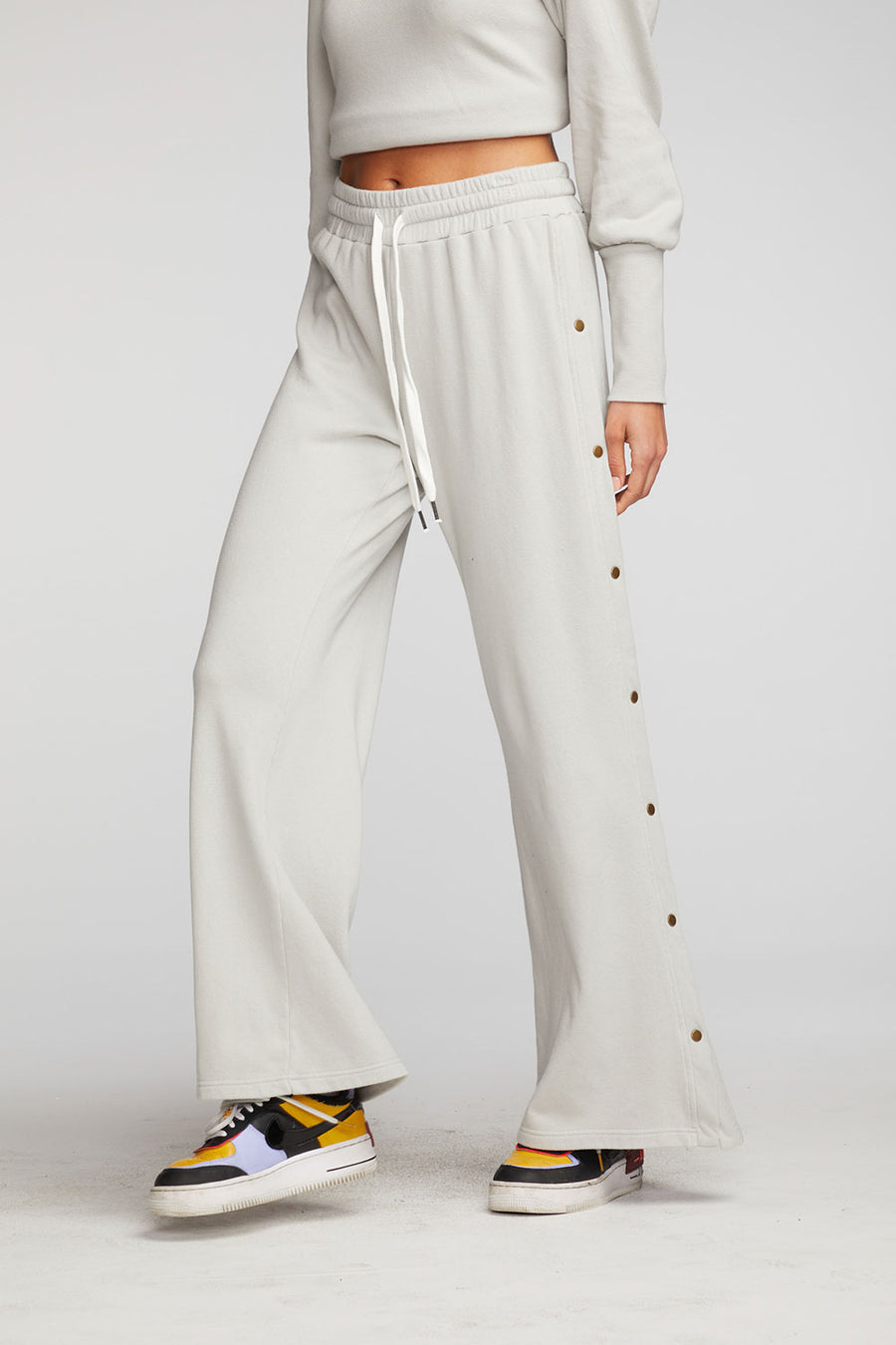 Cotton Fleece Wide Leg Joggers with Button Sideseam Womens chaserbrand