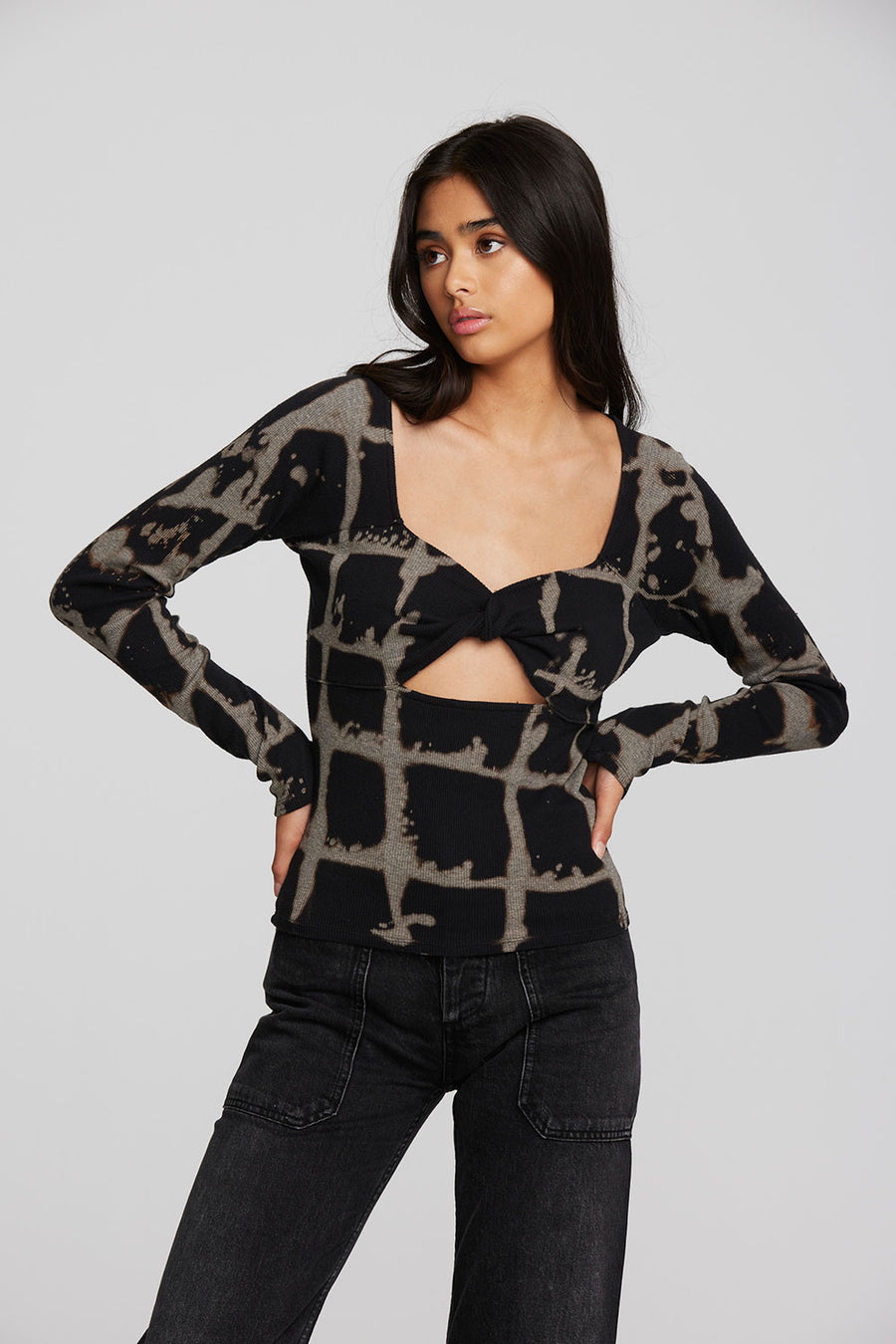 Recycled Vintage Rib Long Sleeve Top with Twist Detail Womens chaserbrand