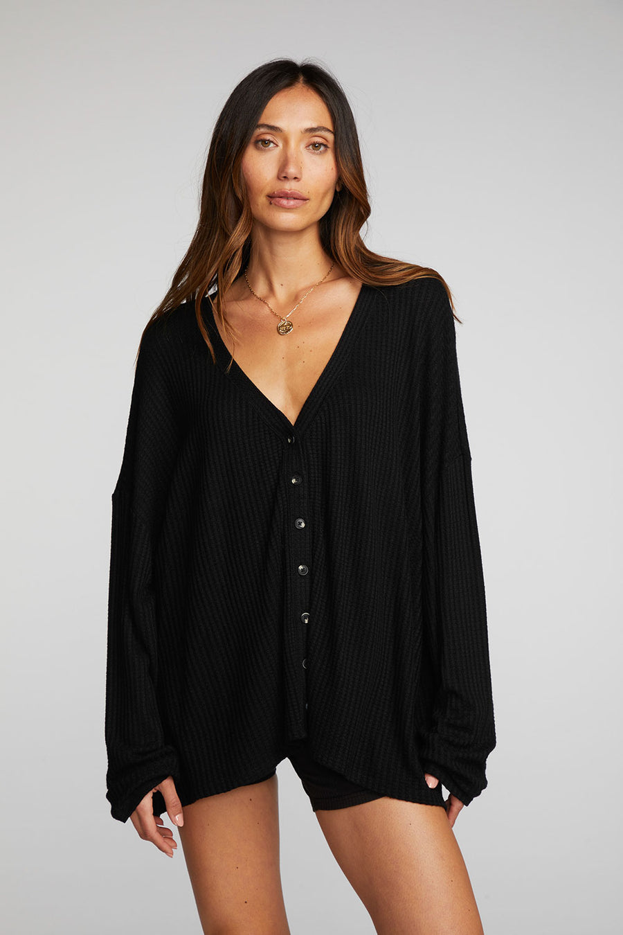 Thermal Waffle Long Sleeve Button Down Womens chaserbrand