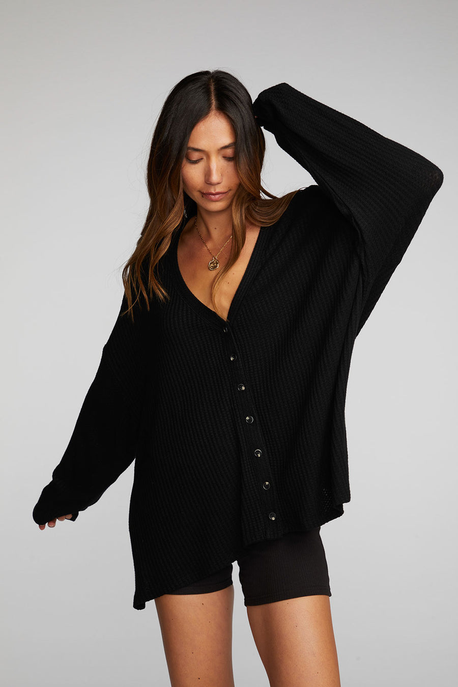 Thermal Waffle Long Sleeve Button Down Womens chaserbrand
