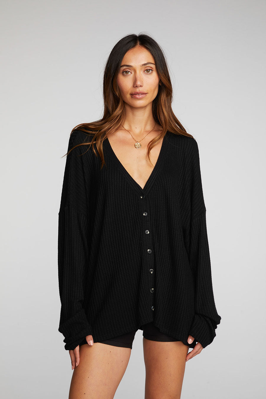 Thermal Waffle Long Sleeve Button Down Womens chaserbrand