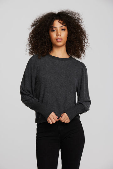 Recycled Bliss Knit Crewneck Pullover with Rib and Puff Sleeve Womens chaserbrand