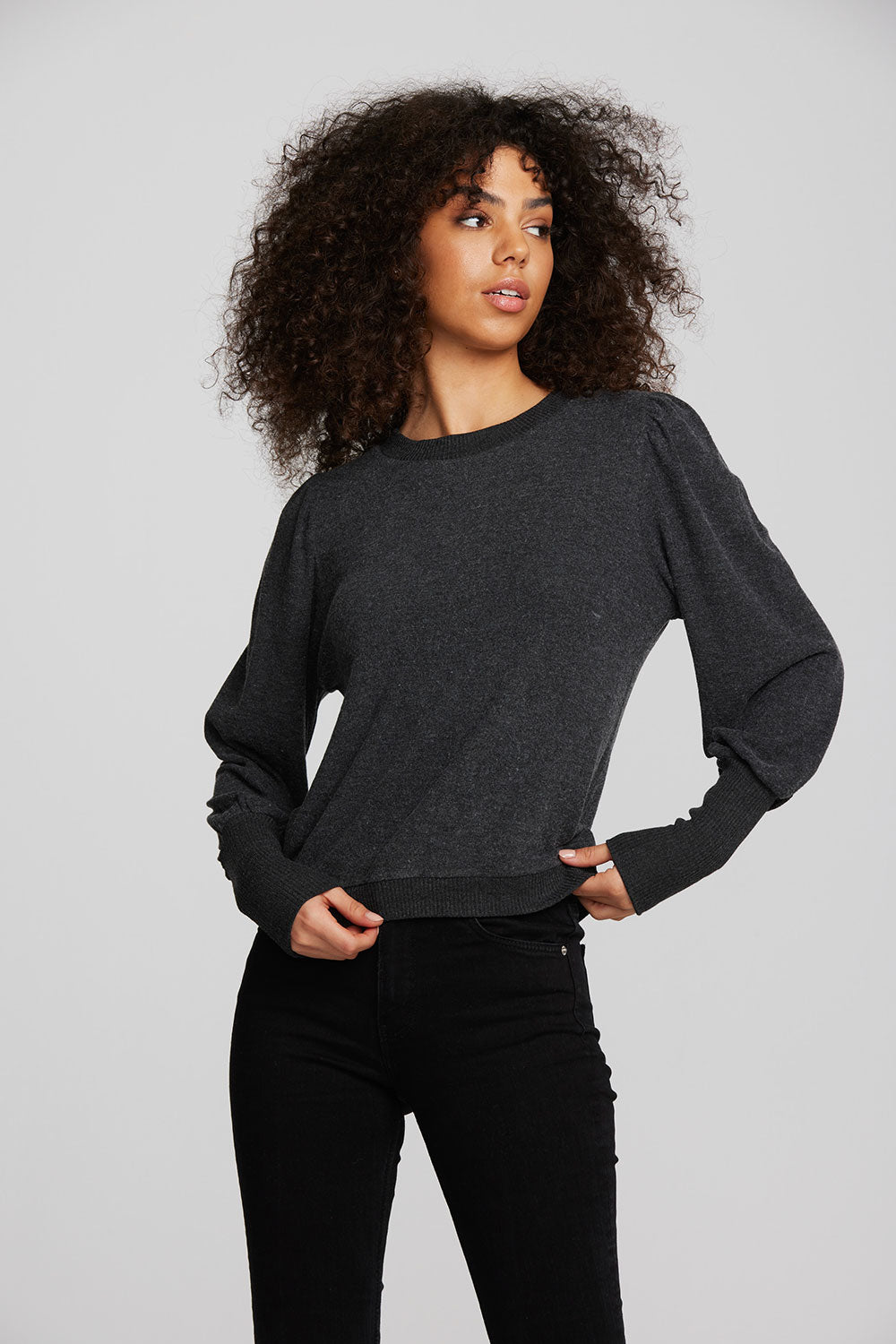Recycled Bliss Knit Crewneck Pullover with Rib and Puff Sleeve Womens chaserbrand