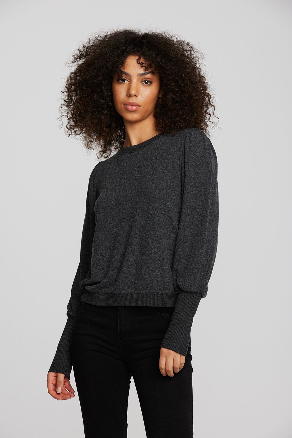 Recycled Bliss Knit Crewneck Pullover with Rib and Puff Sleeve Womens chaserbrand