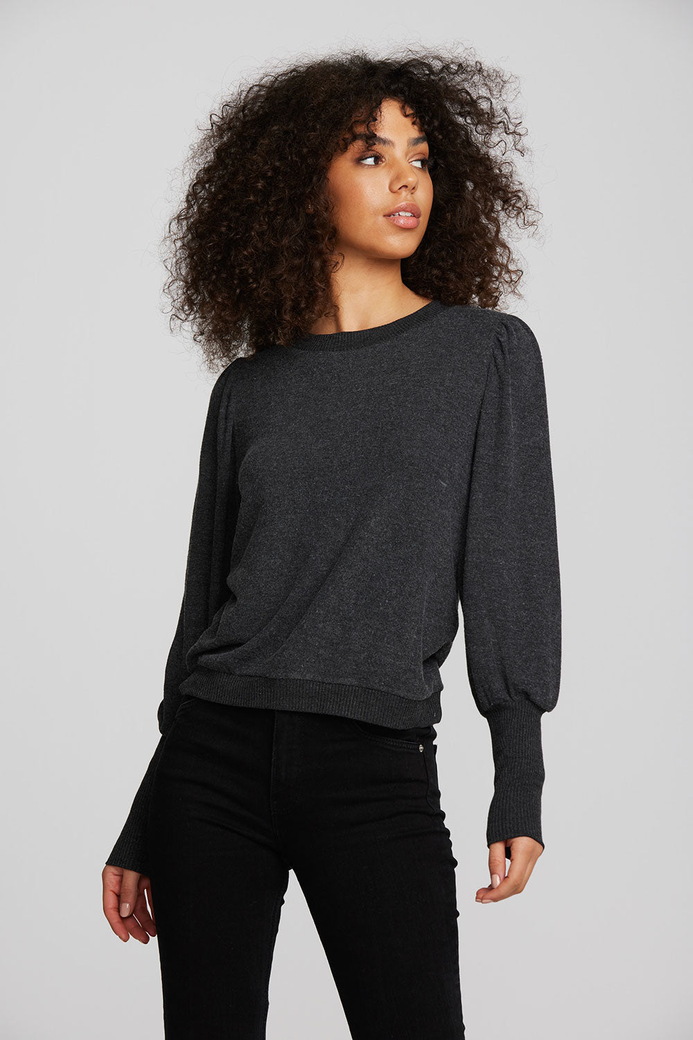 Recycled Bliss Knit Crewneck Pullover with Rib and Puff Sleeve Womens chaserbrand