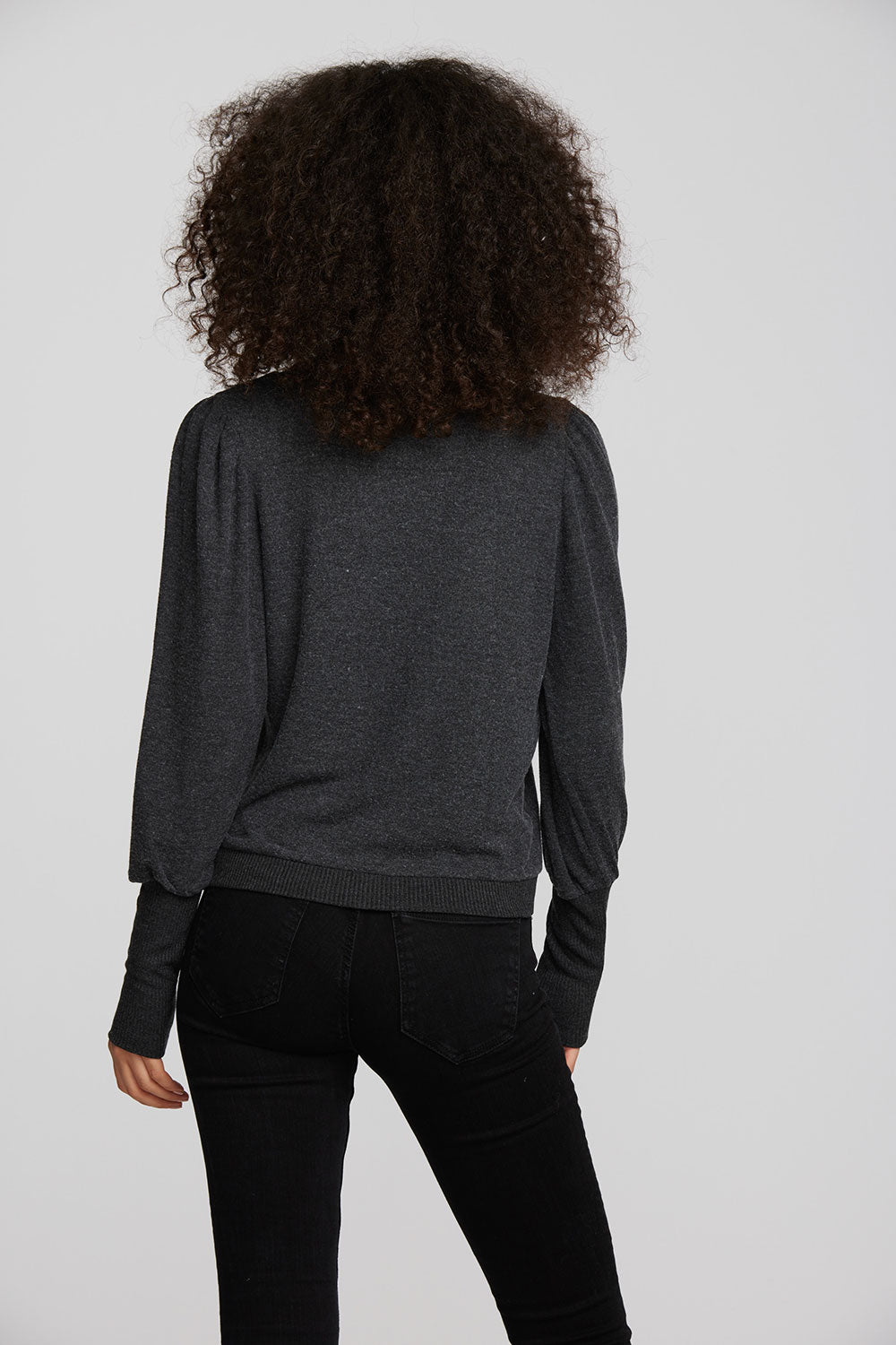 Recycled Bliss Knit Crewneck Pullover with Rib and Puff Sleeve Womens chaserbrand