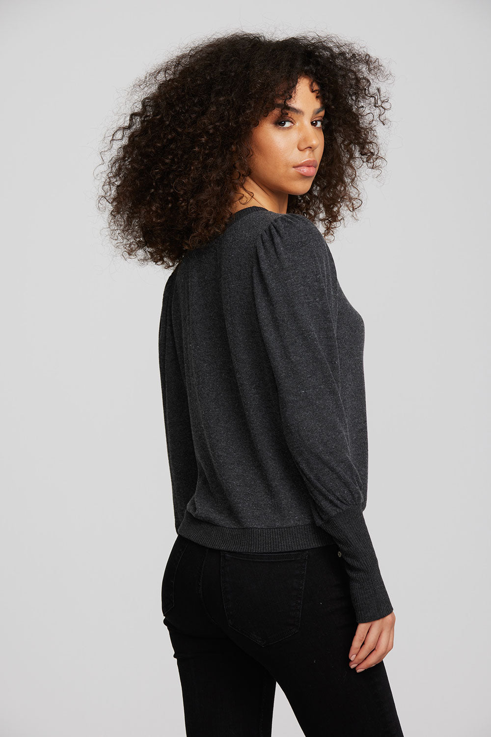 Recycled Bliss Knit Crewneck Pullover with Rib and Puff Sleeve Womens chaserbrand
