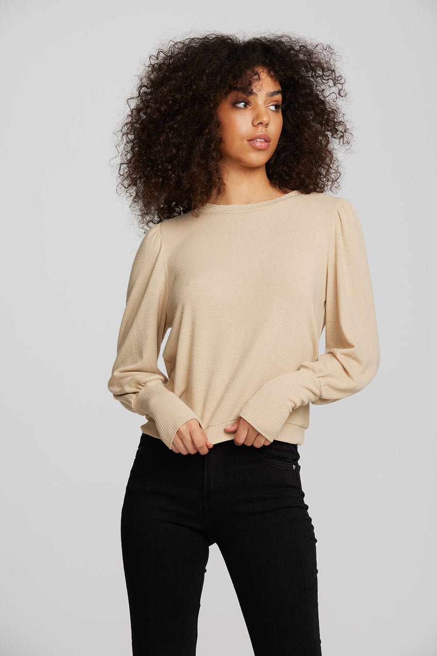 Recycled Bliss Knit Crewneck Pullover with Rib and Puff Sleeve Womens chaserbrand