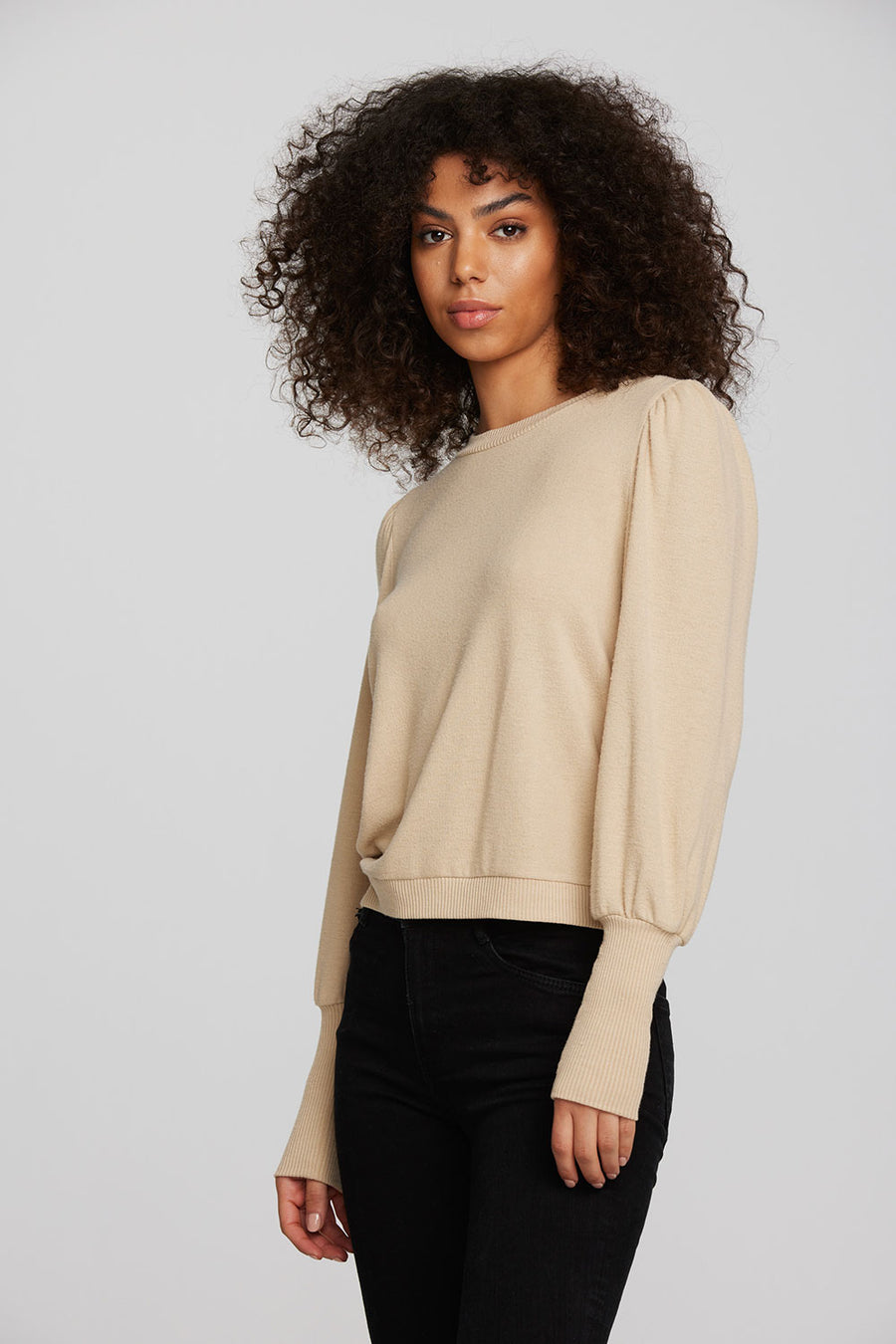 Recycled Bliss Knit Crewneck Pullover with Rib and Puff Sleeve Womens chaserbrand