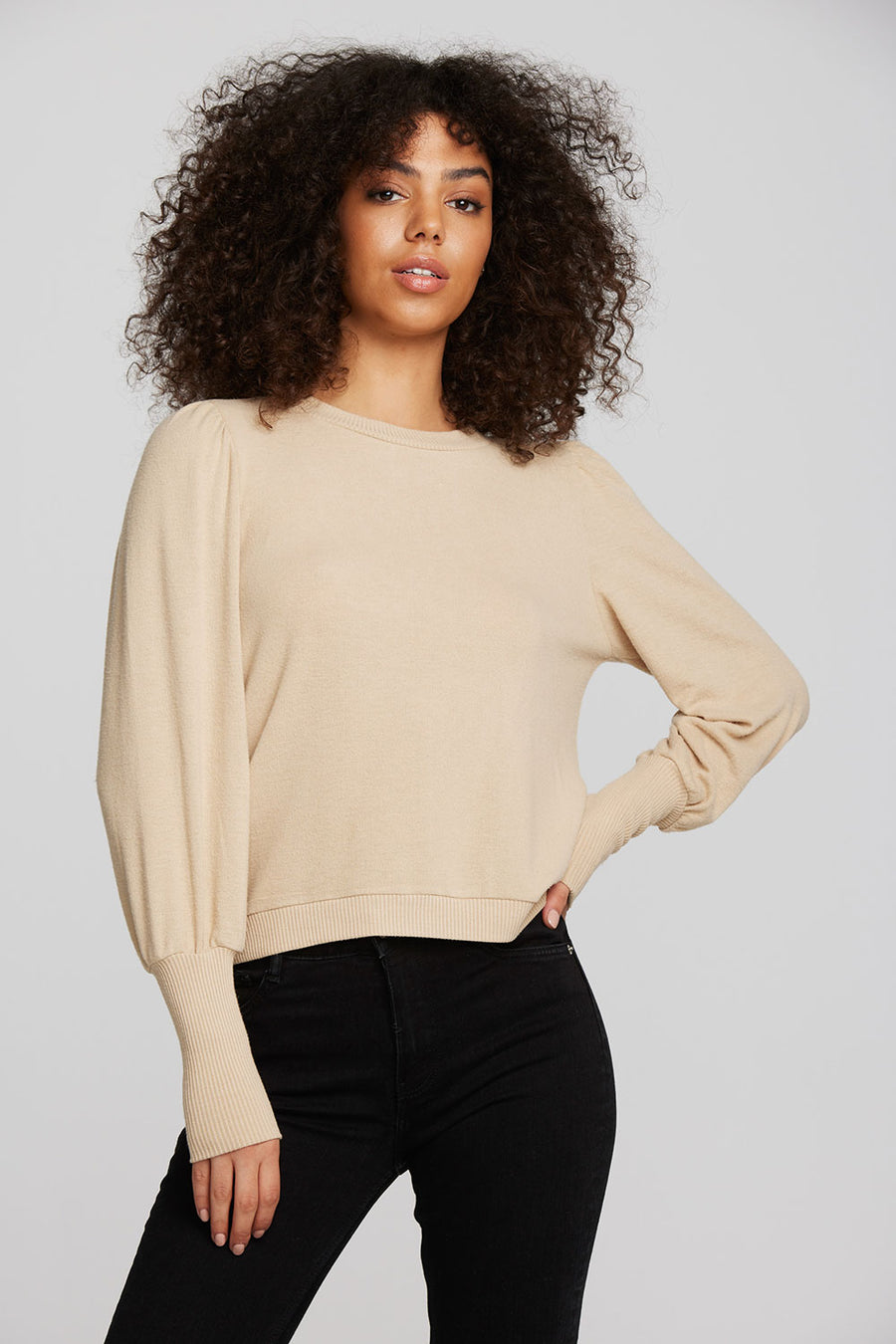 Recycled Bliss Knit Crewneck Pullover with Rib and Puff Sleeve Womens chaserbrand