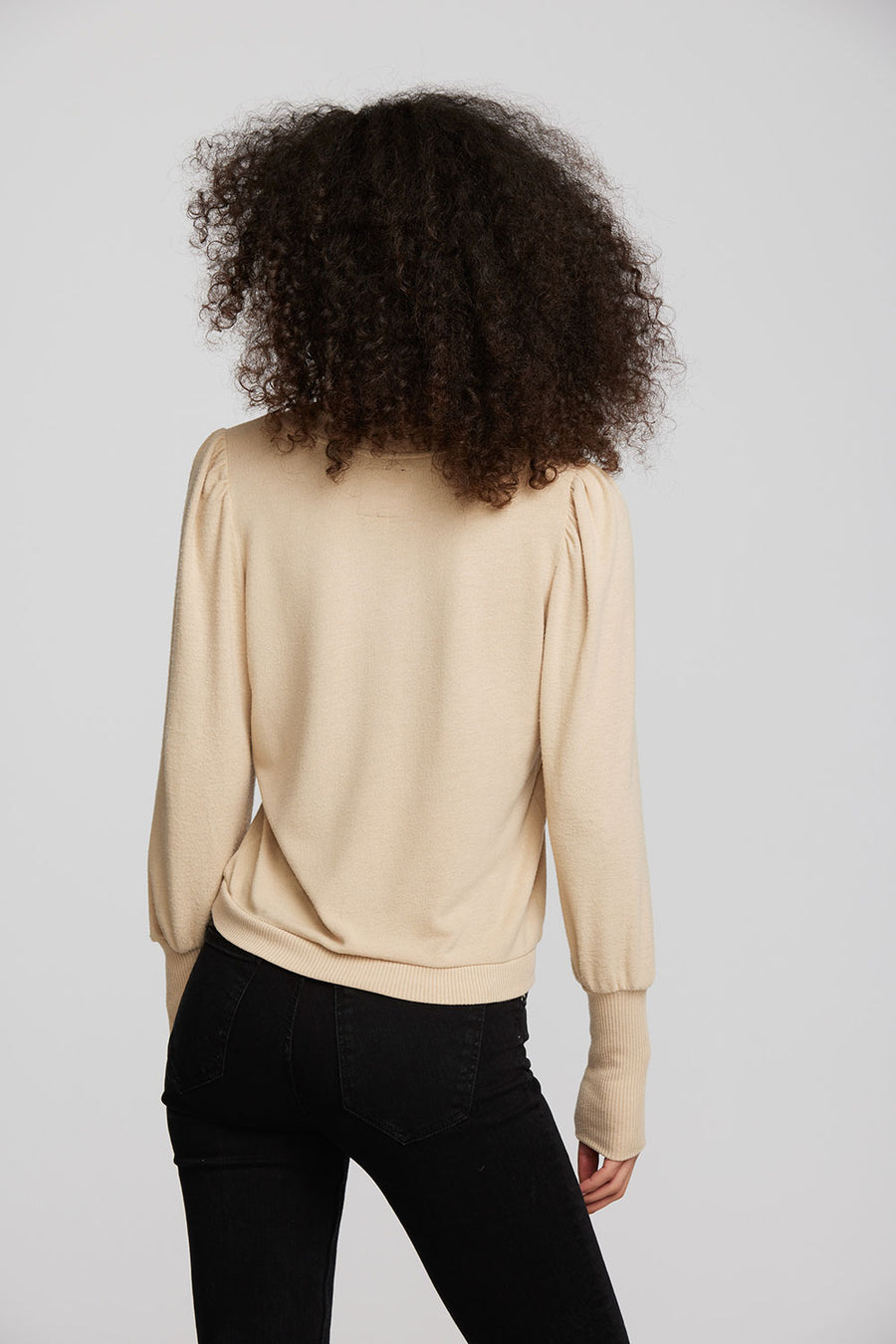Recycled Bliss Knit Crewneck Pullover with Rib and Puff Sleeve Womens chaserbrand