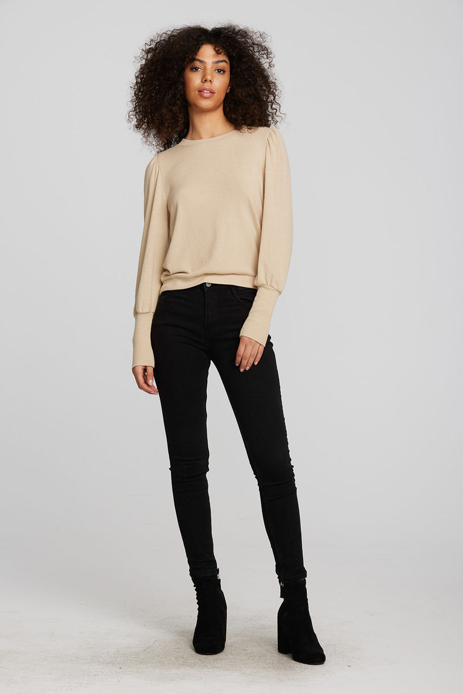 Recycled Bliss Knit Crewneck Pullover with Rib and Puff Sleeve Womens chaserbrand
