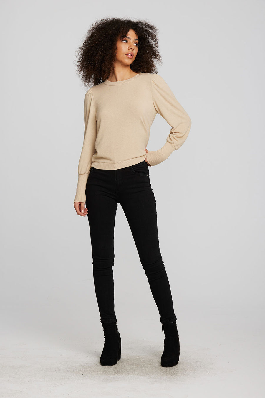 Recycled Bliss Knit Crewneck Pullover with Rib and Puff Sleeve Womens chaserbrand
