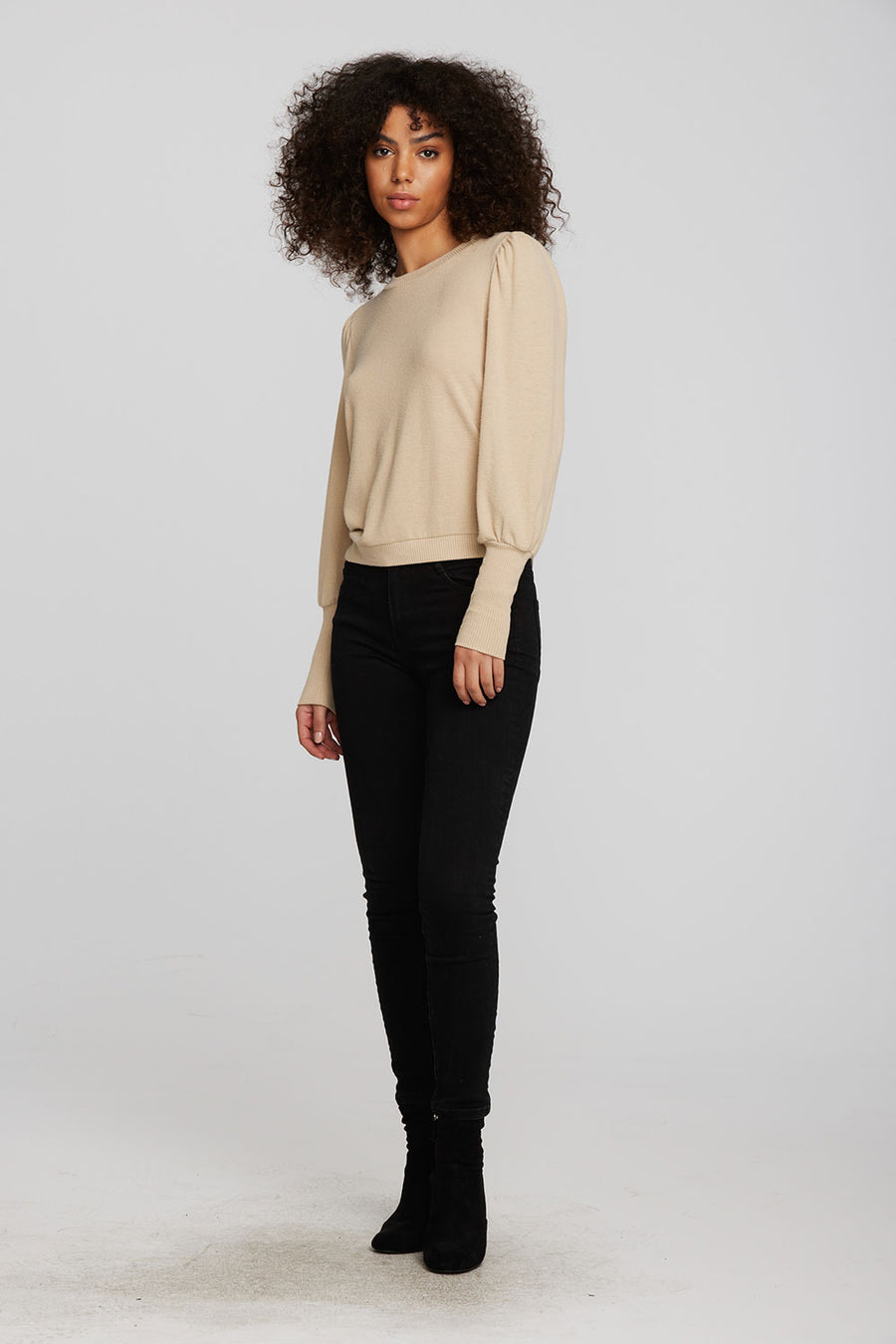 Recycled Bliss Knit Crewneck Pullover with Rib and Puff Sleeve Womens chaserbrand