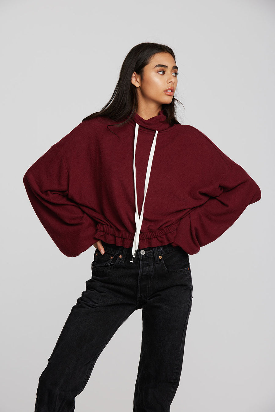 Recycled Bliss Knit Cropped Pullover with Elastic Waist & Sleeve Womens chaserbrand