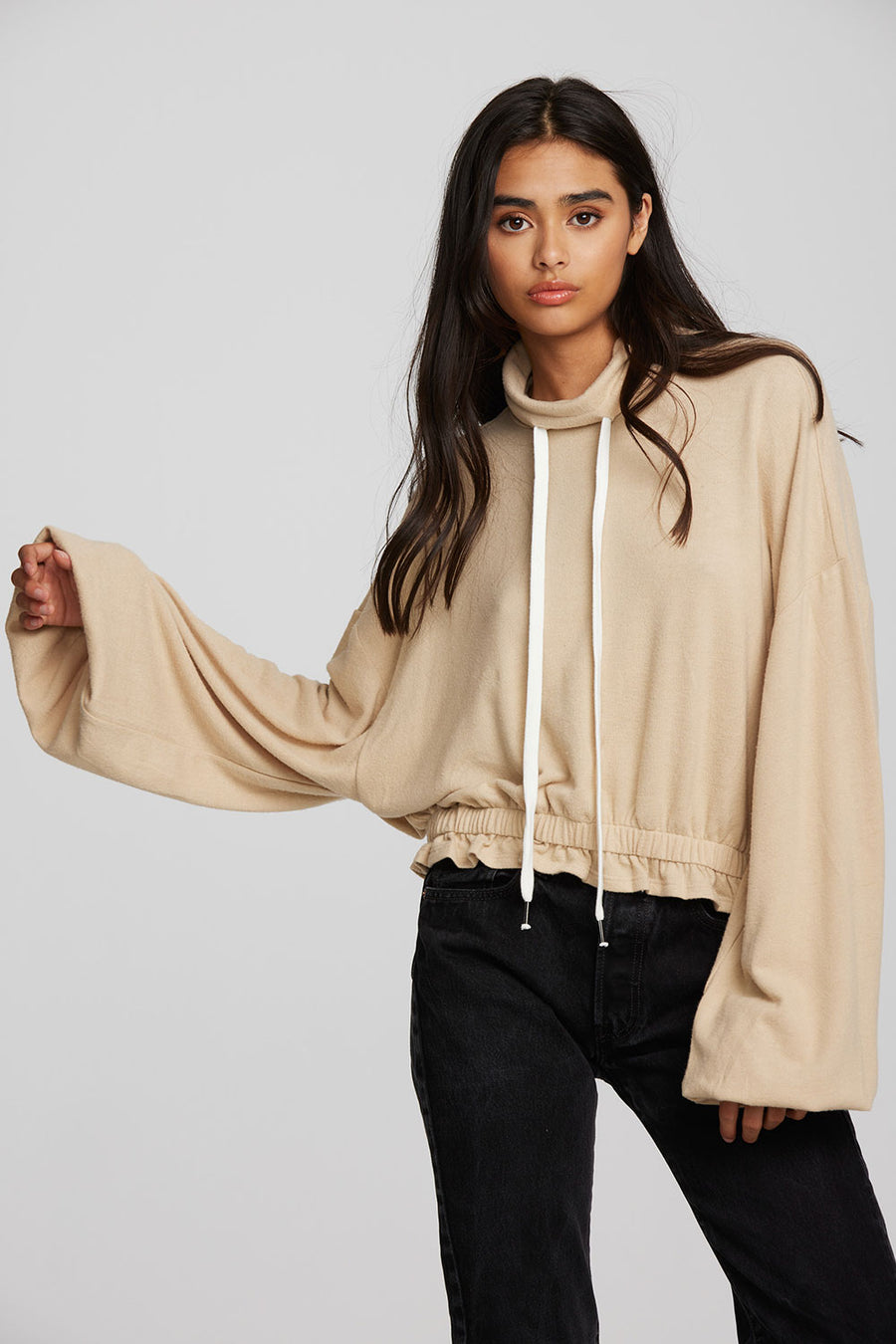Recycled Bliss Knit Cropped Pullover with Elastic Waist & Sleeve Womens chaserbrand