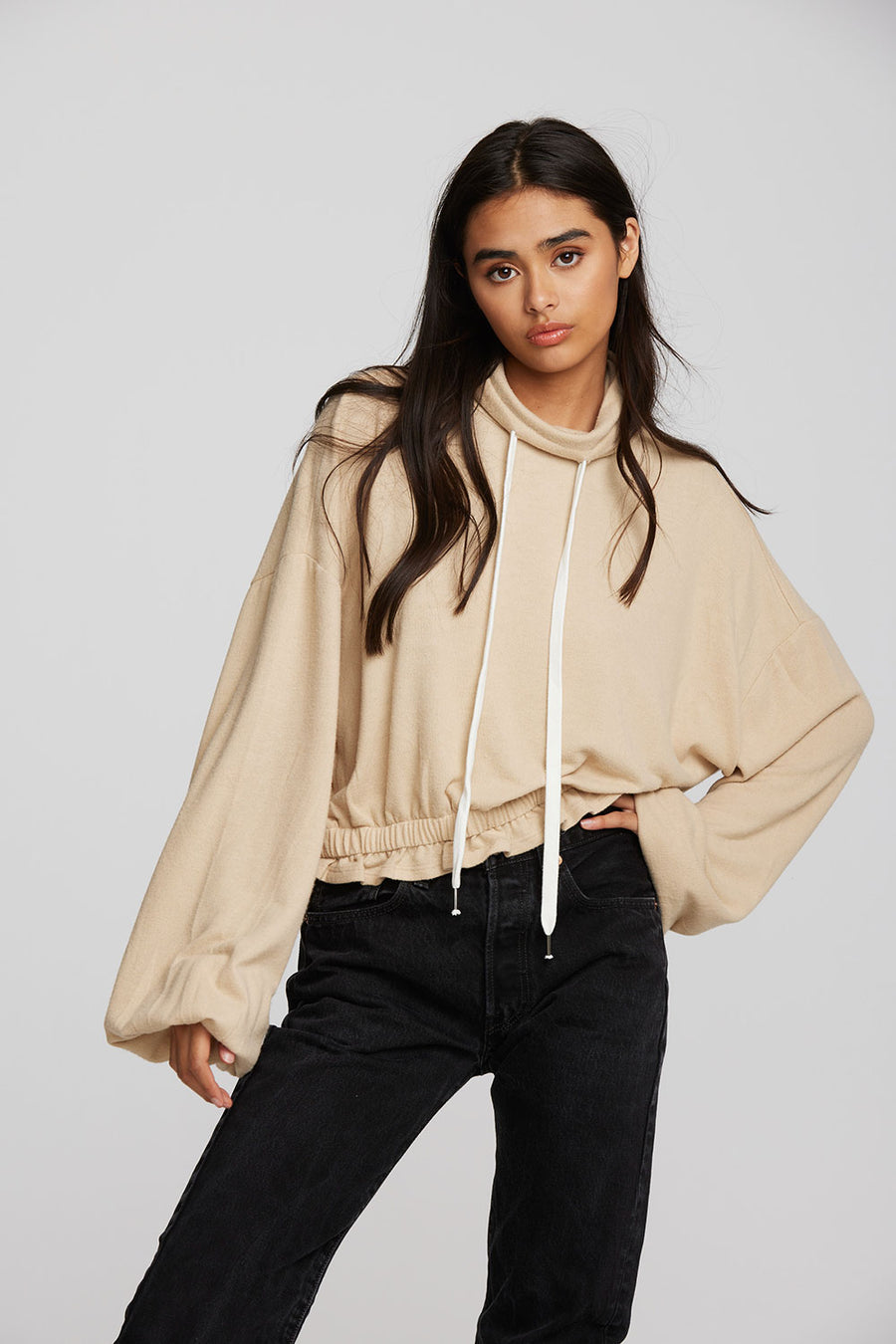 Recycled Bliss Knit Cropped Pullover with Elastic Waist & Sleeve Womens chaserbrand