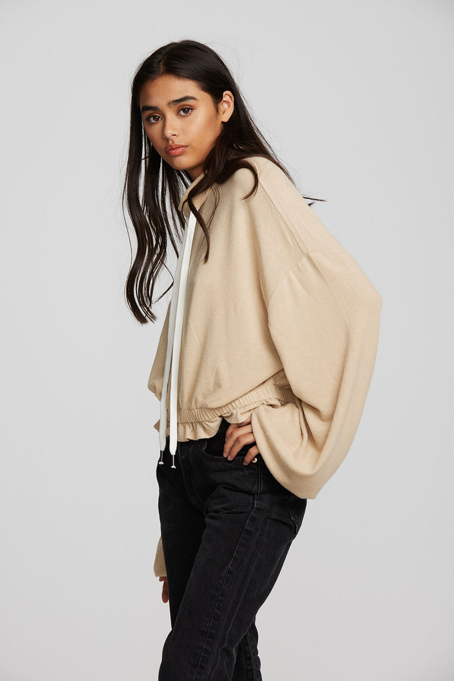 Recycled Bliss Knit Cropped Pullover with Elastic Waist & Sleeve Womens chaserbrand