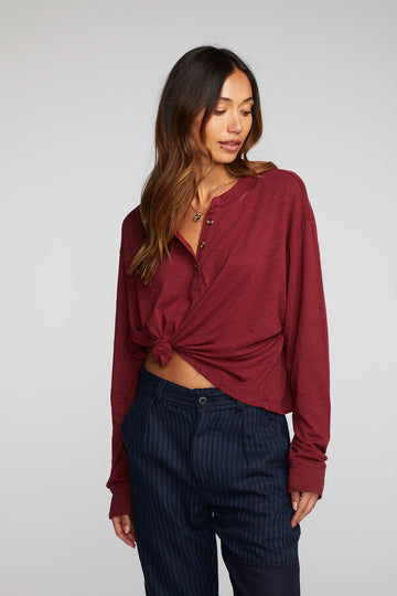 Gauze Jersey Long Sleeve Henley with Deconstructed Bottom Hem Womens chaserbrand