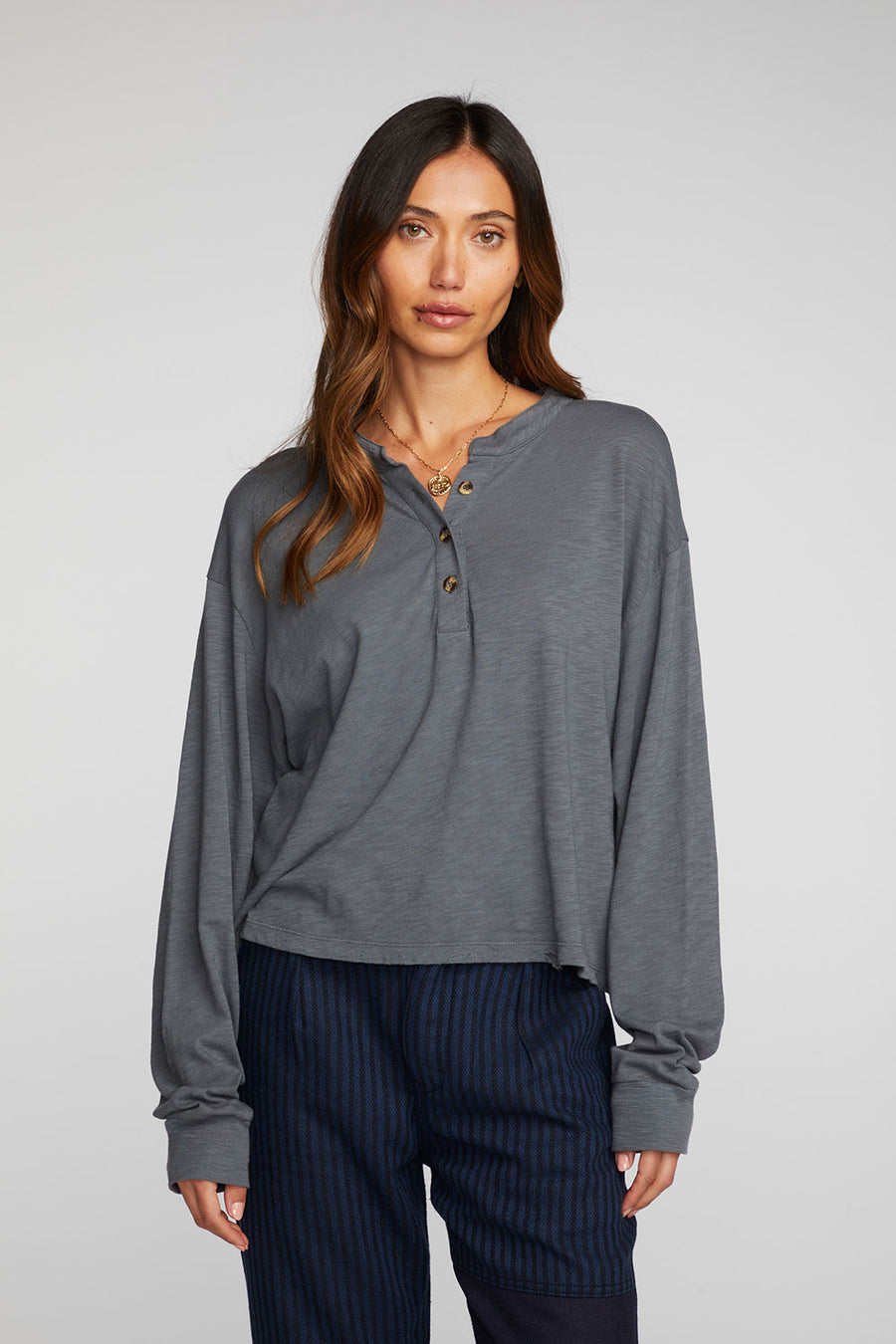 Gauze Jersey Long Sleeve Henley with Deconstructed Bottom Hem Womens chaserbrand