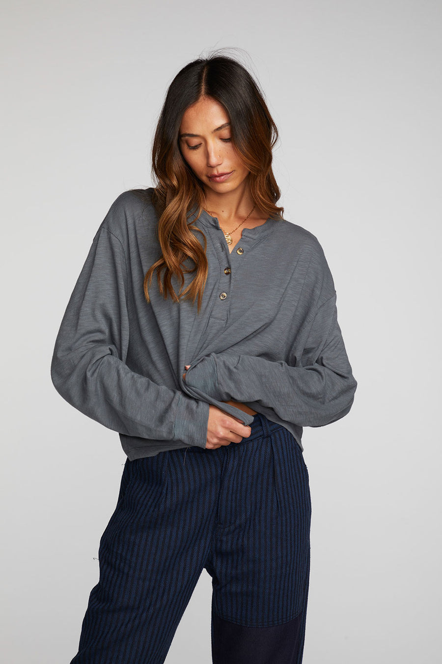 Gauze Jersey Long Sleeve Henley with Deconstructed Bottom Hem Womens chaserbrand