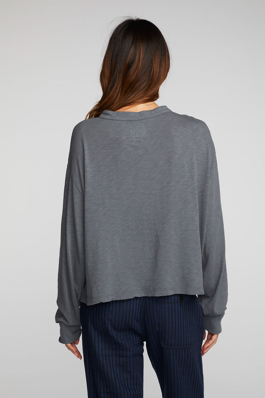 Gauze Jersey Long Sleeve Henley with Deconstructed Bottom Hem Womens chaserbrand