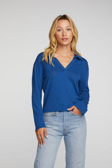 Gauze Jersey Cropped Polo with Distressed Detail Long Sleeve Womens chaserbrand
