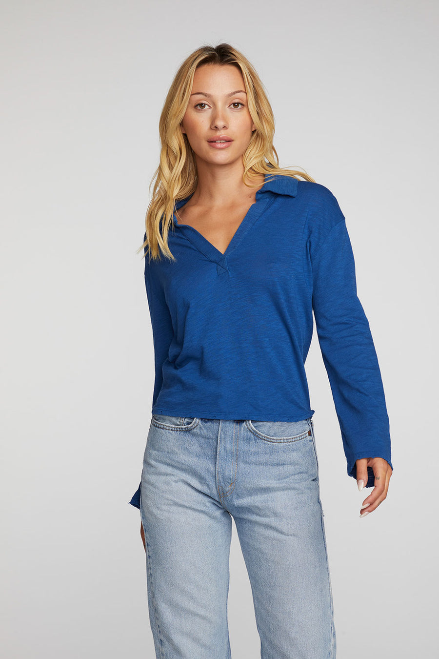 Gauze Jersey Cropped Polo with Distressed Detail Long Sleeve Womens chaserbrand