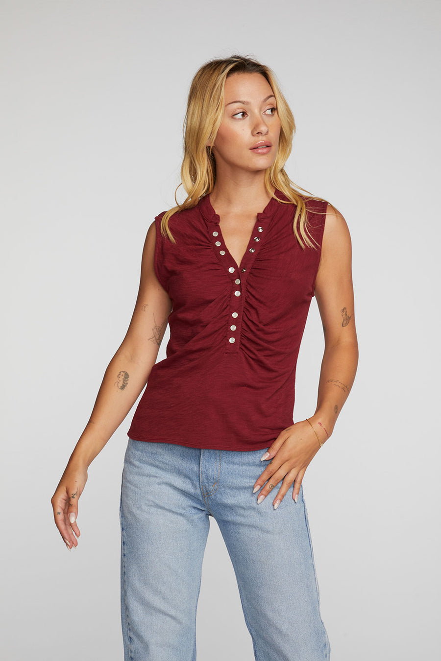 Gauze Jersey Snap Down Tank with Shirring Womens chaserbrand