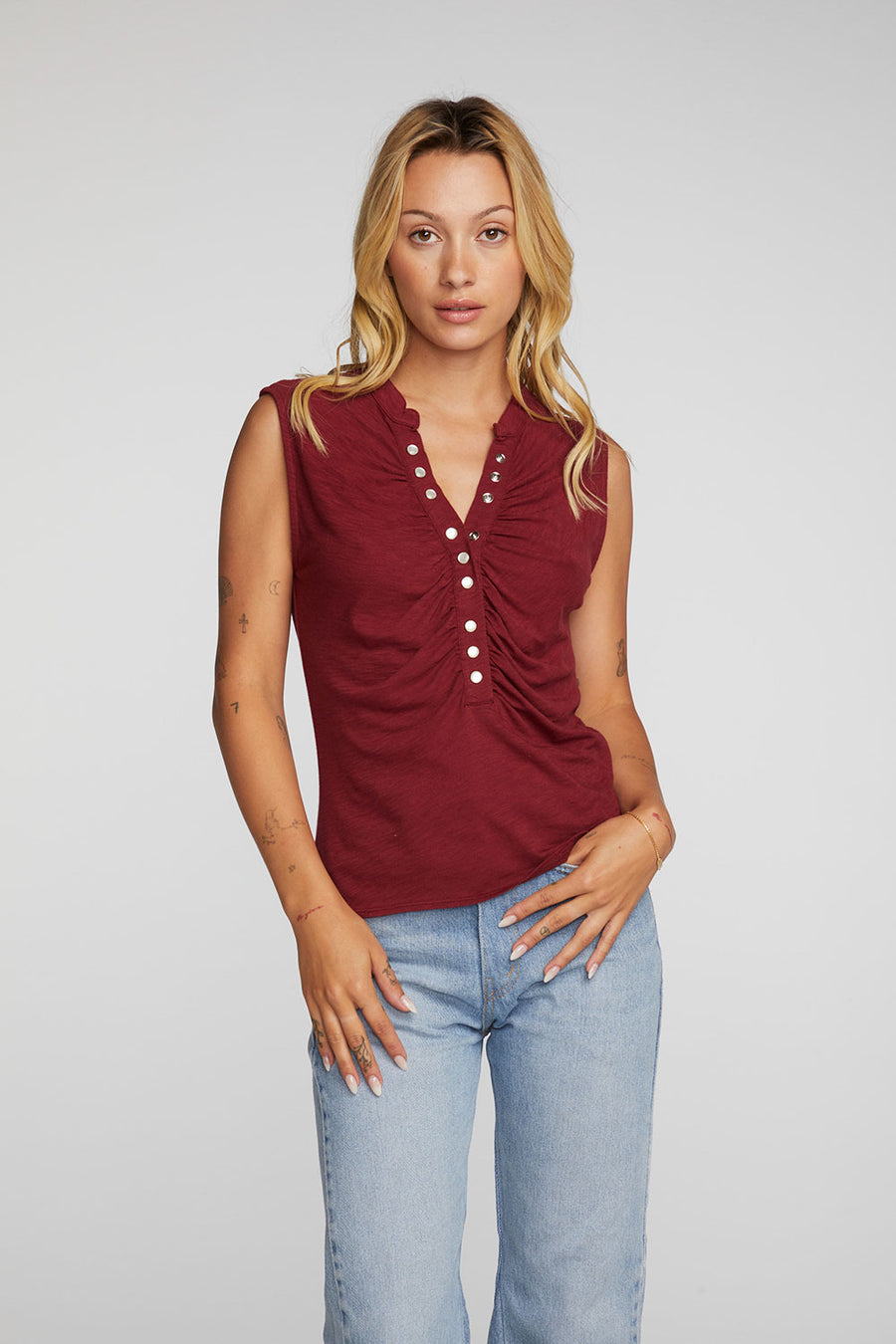 Gauze Jersey Snap Down Tank with Shirring Womens chaserbrand