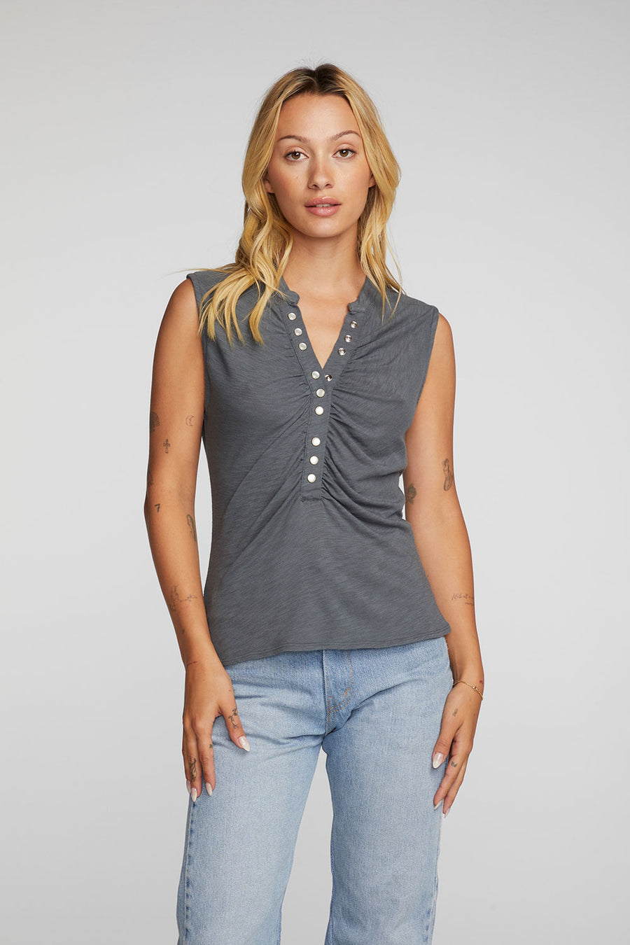 Gauze Jersey Snap Down Tank with Shirring Womens chaserbrand
