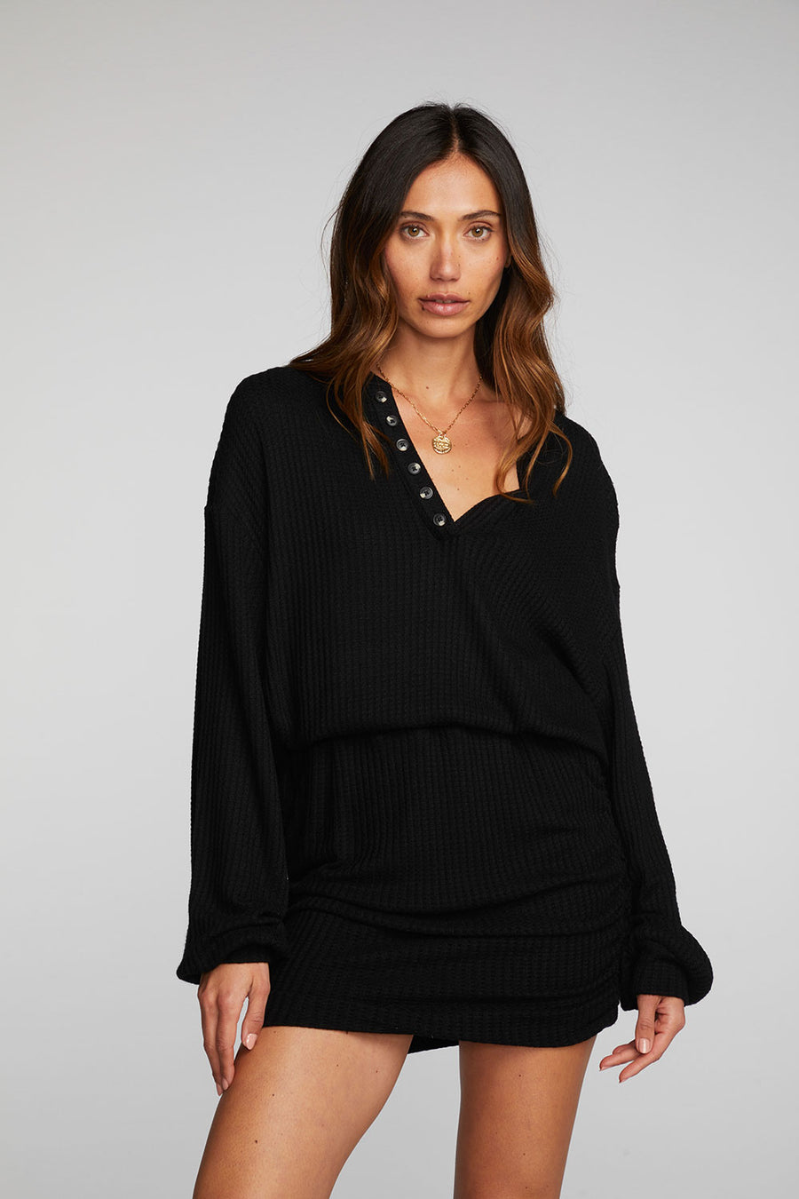 Thermal Waffle Mini Dress with Shirring Womens chaserbrand