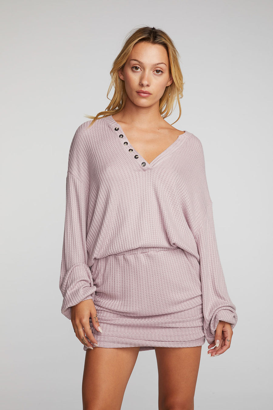 Thermal Waffle Mini Dress with Shirring Womens chaserbrand
