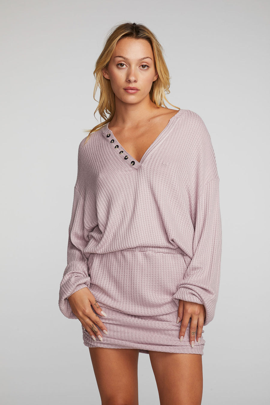 Thermal Waffle Mini Dress with Shirring Womens chaserbrand