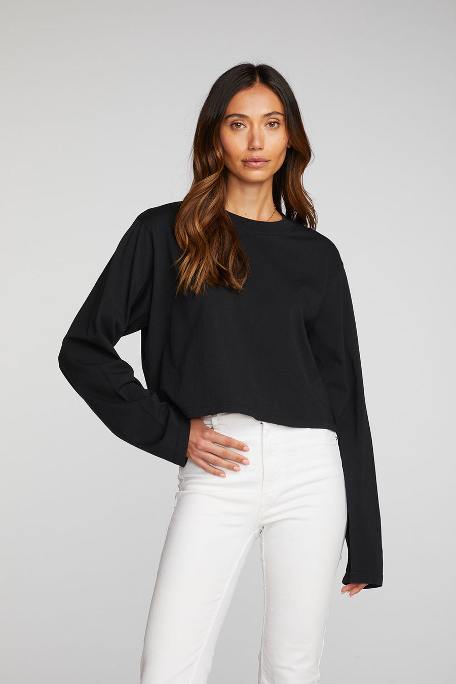 Cotton Jersey Cropped Long Sleeve Tee Womens chaserbrand
