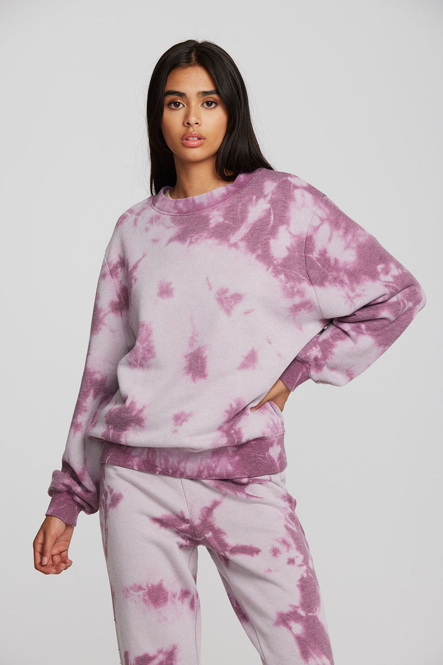 Zuma Cotton Terry Crewneck Pullover with Distressed Detail Long Sleeve Womens chaserbrand