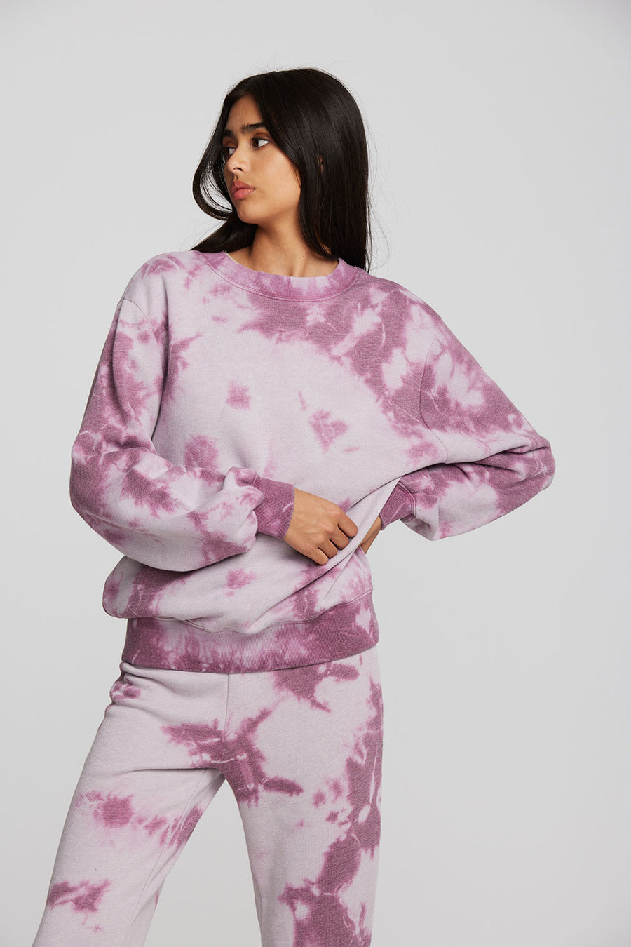Zuma Cotton Terry Crewneck Pullover with Distressed Detail Long Sleeve Womens chaserbrand